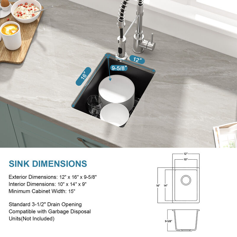12 in. Black Quartz Composite Undermount Kitchen Sink Single Bowl Prep Bar Basin Round Corner with Bottom Grid image number 5