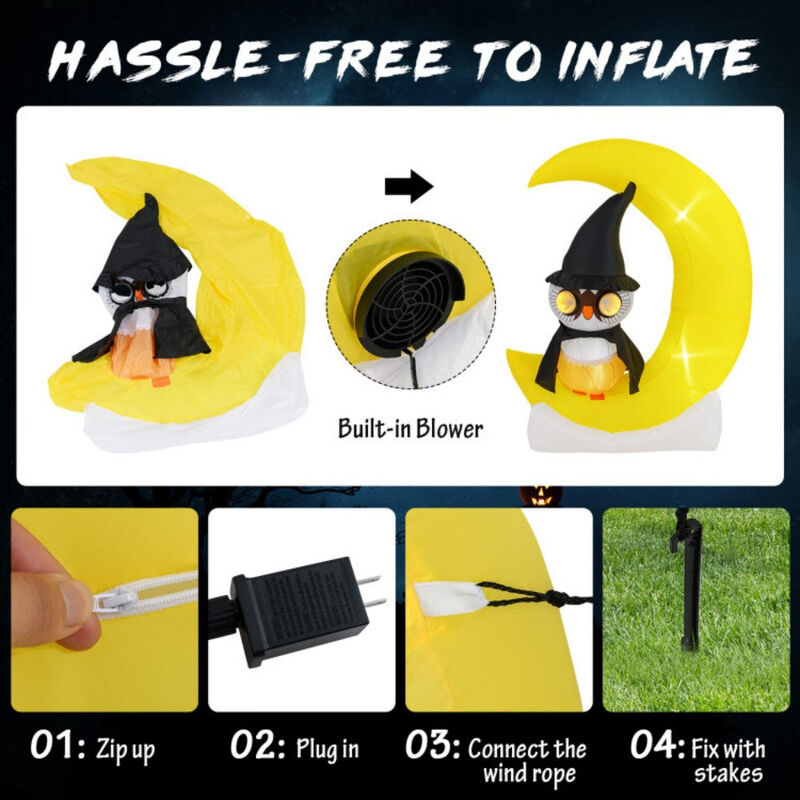 Large Moon and Wizard Owl Halloween Inflatable with LED Lighted image number 4