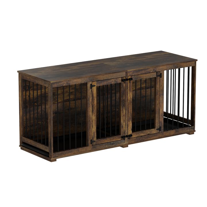 Tiger Skin Dog Crate Furniture for 2 Dogs, 71 in. Heavy-Duty Wooden Dog Crate with Trays & Divider for Large Medium Dogs