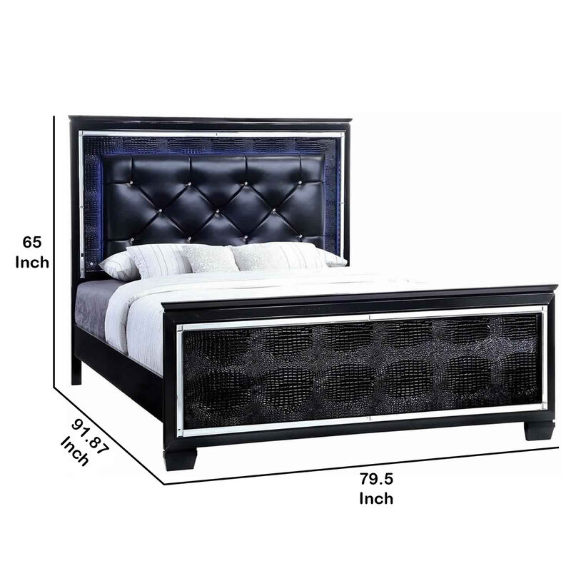 Textured California King Size Bed with Silver Trim Accents, Black - Benzara image number 4