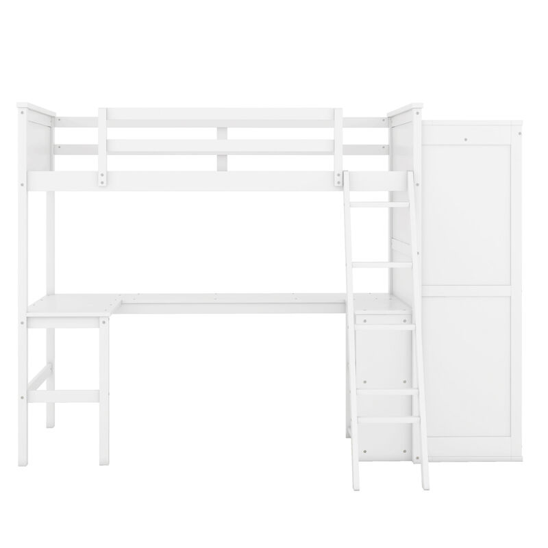 Twin size Loft Bed with Desk, Shelves and Wardrobe White