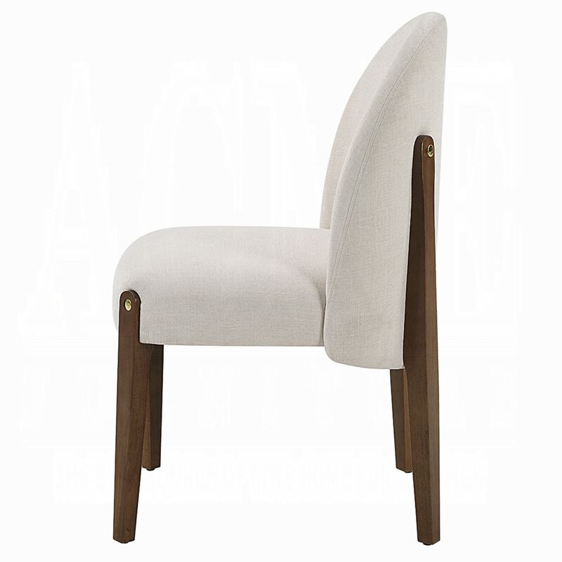 Gamo Set of 2 Side Dining Chair, Brown Rubberwood, Soft White Fabric - Benzara