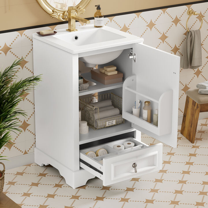 Whisen 20 Inch Modern Bathroom Vanity with Ceramic Sink, Soft Close Door, Adjustable U-Shaped Shelf, Compartment Drawer and Door Storage Rack