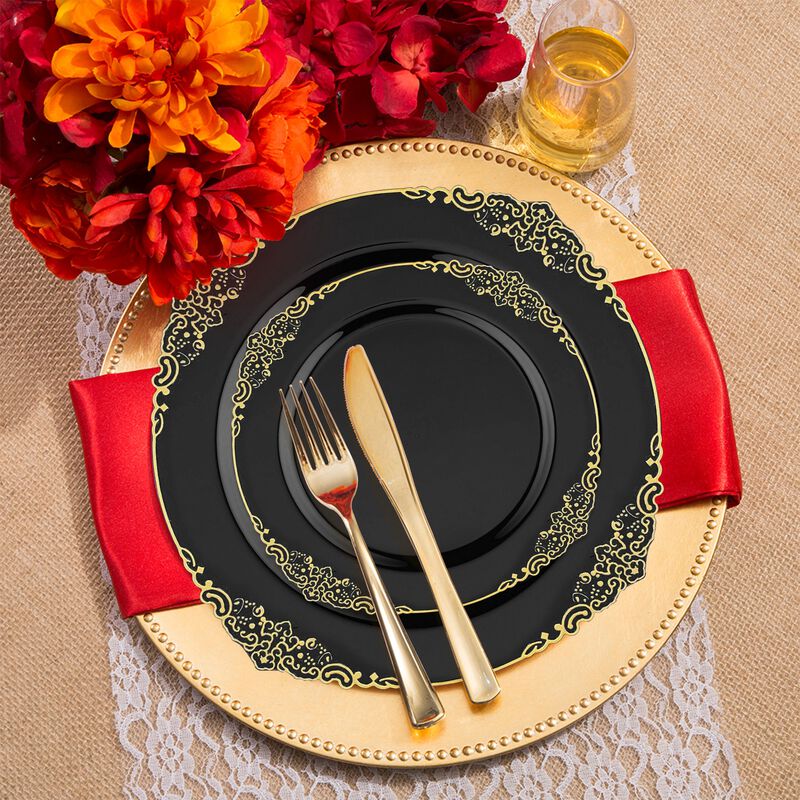 Black with Gold Fancy Round Plastic Wedding Value Set (120 Sets) image number 1