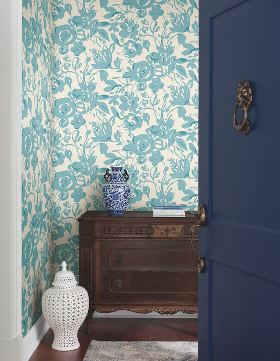 Brushstroke Floral Aqua Wallpaper