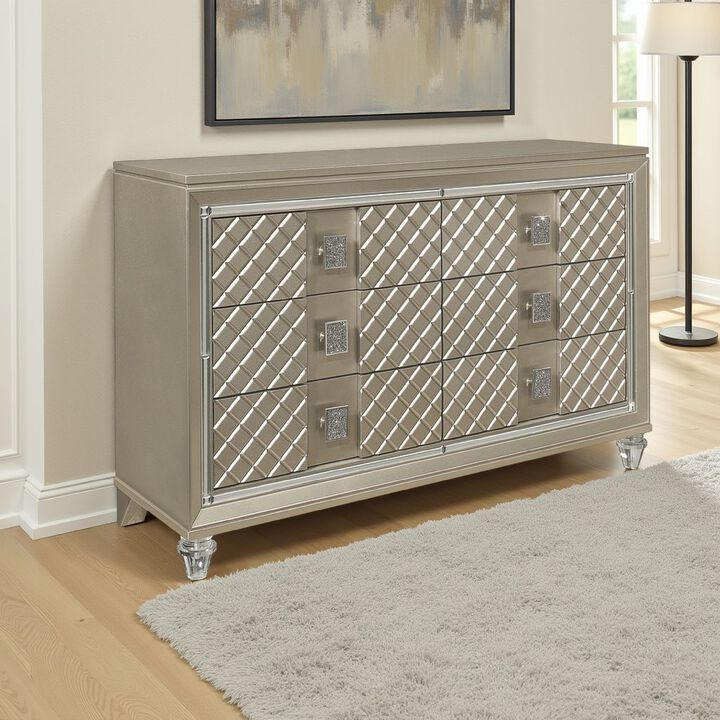 Loy Dresser, 55 Inch, 6 Drawers, Champagne Gold Metallic, Mirror Trim