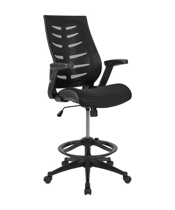 Flash Furniture Kale High Back Black Mesh Spine-Back Ergonomic Drafting Chair with Adjustable Foot Ring and Adjustable Flip-Up Arms