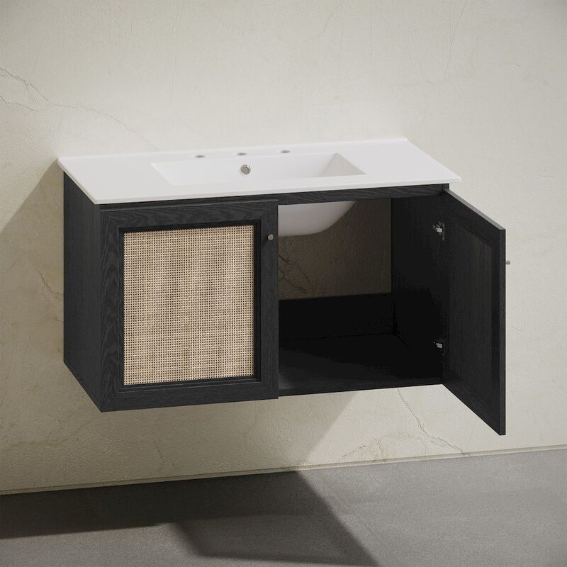 36" Wall-Mounted Bathroom Vanity, Black Oak, Widespread Faucet Holes Vanity Top image number 4