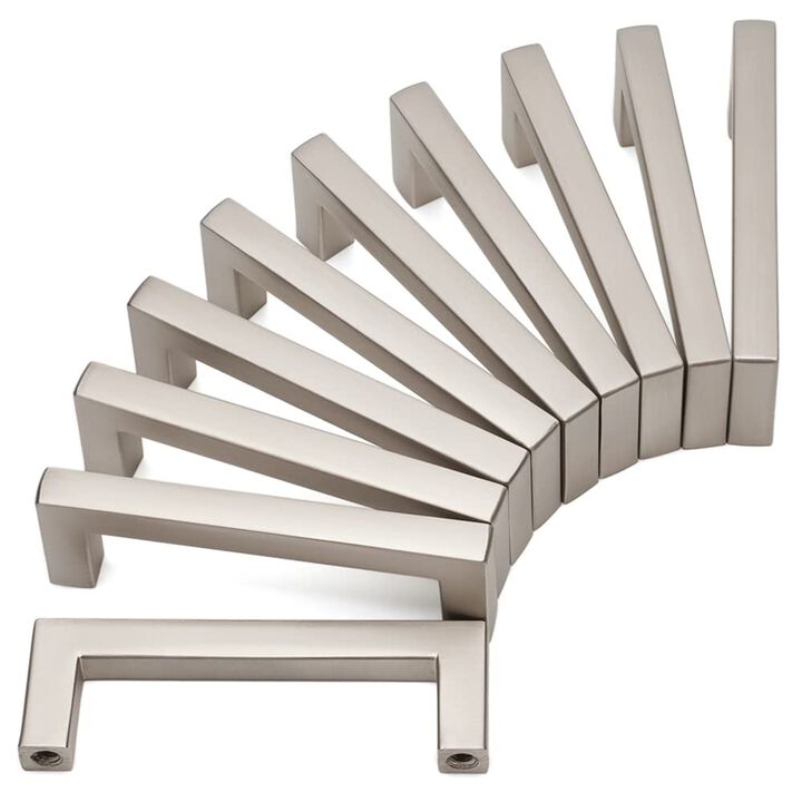 KOOFIZO Solid Square Bar Cabinet Handle - Brushed Nickel Furniture Pull, 3 Inch/76mm Screwhole Distance, 10-Pack for Kitchen Cup