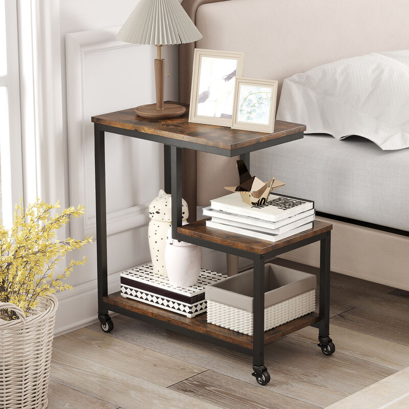 3-Tier Rolling Side Table with G-Shaped Frame and Open Display Shelves