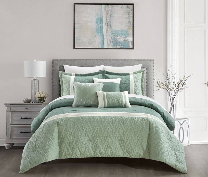Chic Home Macie Comforter Set Jacquard Woven Geometric Design Pleated Quilted Details Bedding - Decorative Pillows Shams Included - 6 Piece - Queen 92x96", Green