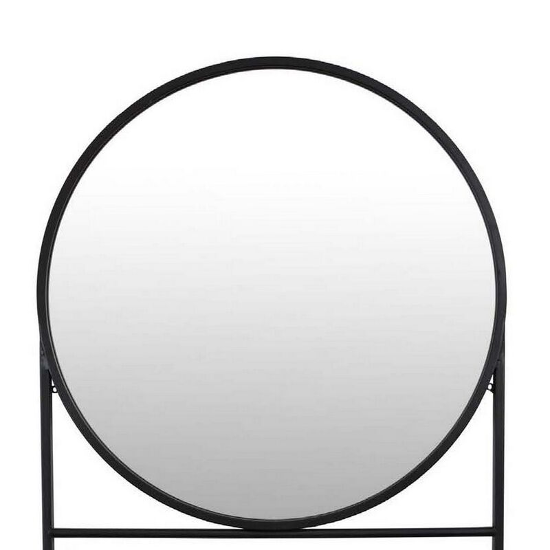 Feno Decorative Wall Mirror, 28 Inch Round Black Metal Frame w Rack