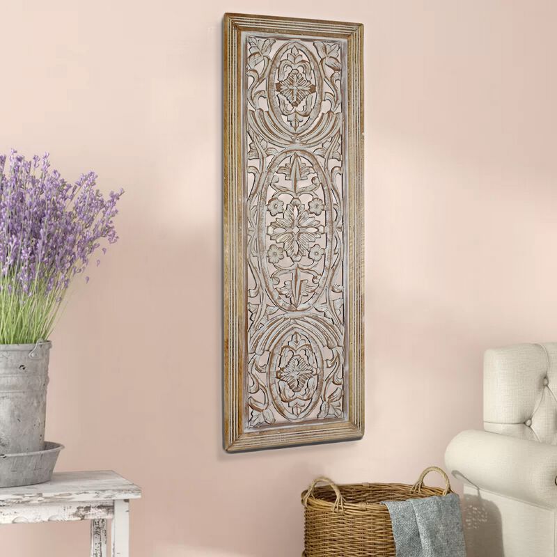 Rectangular Mango Wood Wall Panel Hand Crafted With Intricate Carving, White and Brown-Benzara image number 6