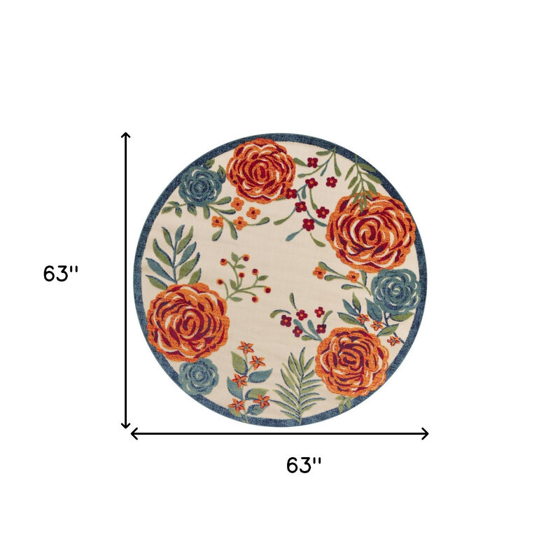 HomeRoots 5' Ivory Orange Blue And Green Round Floral Indoor Outdoor Area Rug image number 6