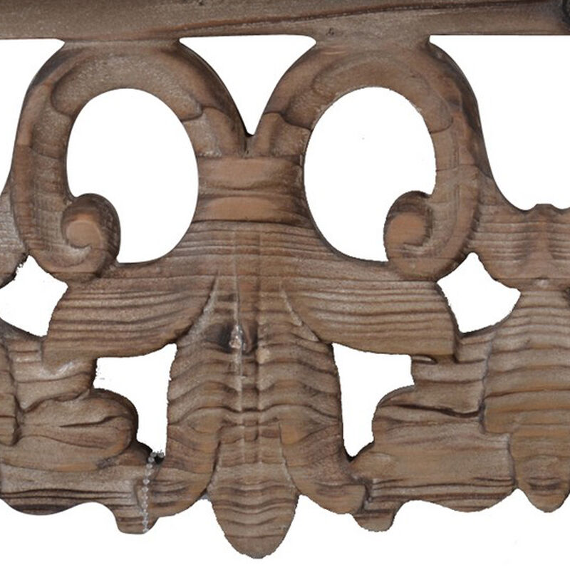 23.5 Inches Wooden Wall Shelf with Scrollwork, Small, Brown - Benzara