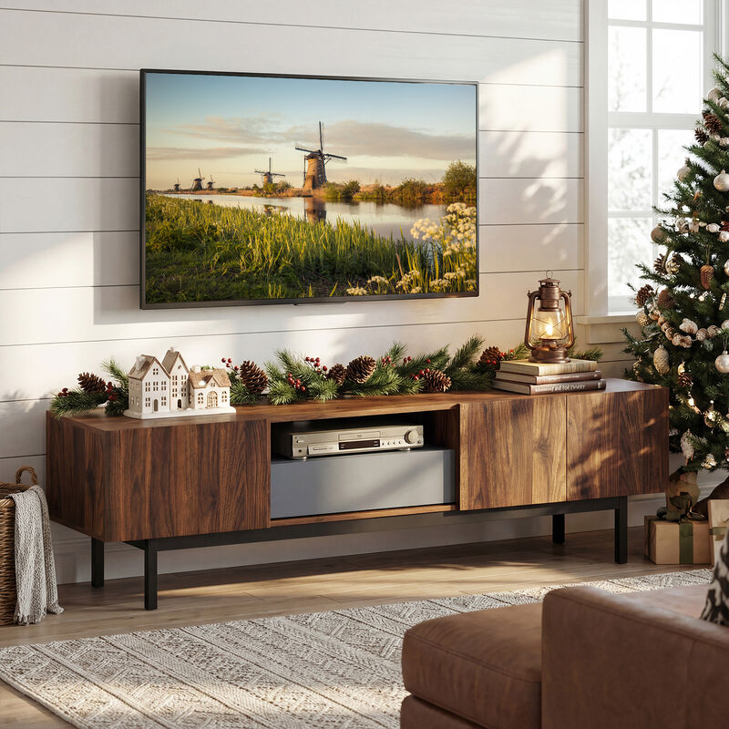 Modern TV Cabinet for TVs with Drawer Mid Century Design for Living Room-Walnut image number 7
