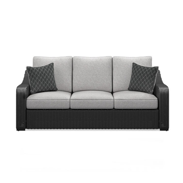 Tira Outdoor Sofa, 83 Inch, 2 Accent Pillows, Gray, Black Woven Wicker - Benzara