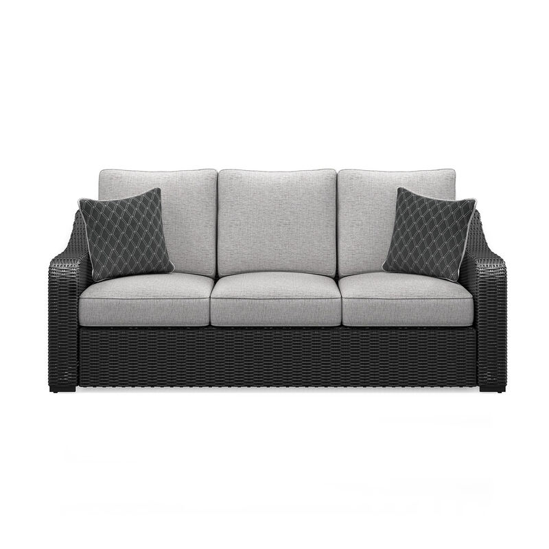 Tira Outdoor Sofa, 83 Inch, 2 Accent Pillows, Gray, Black Woven Wicker - Benzara