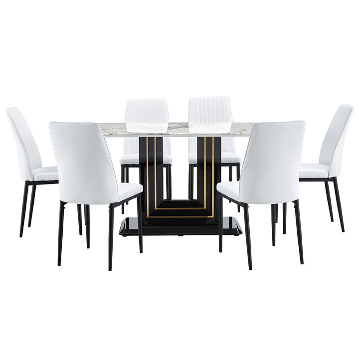 Merax 7-Piece Faux Marble Dining Table Set, Glass Rectangular Kitchen Table for 6-8, Modern Black Faux Marble Dining Room Table with MDF Base