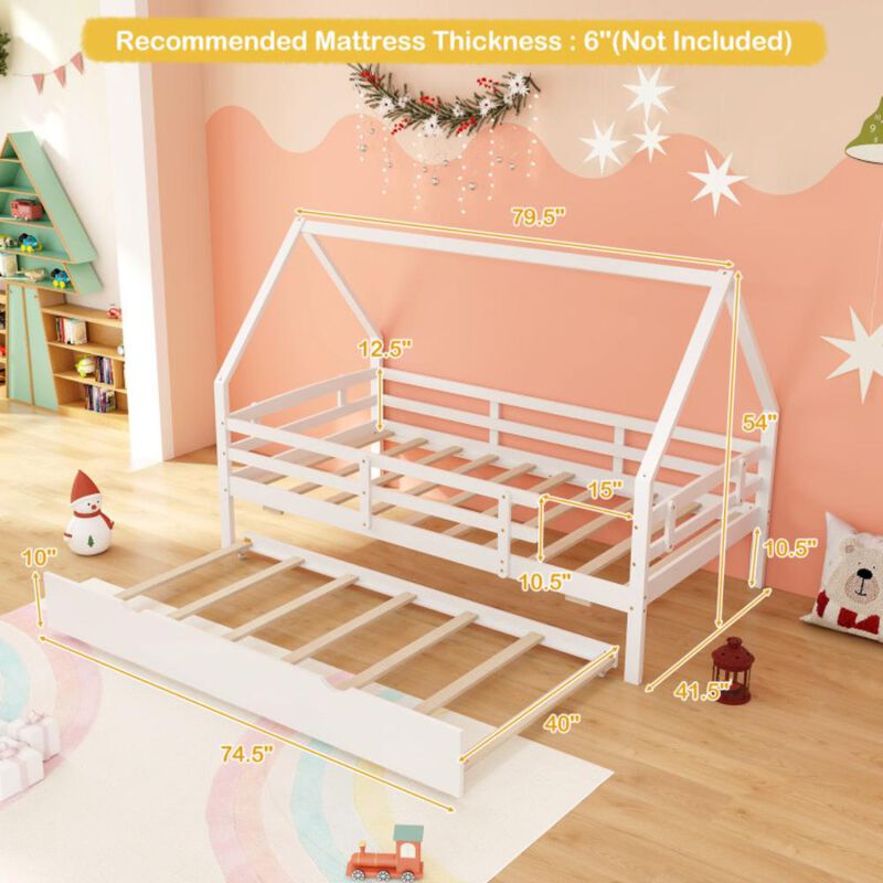 Hivvago Twin House Bed with Trundle and Fence Rail