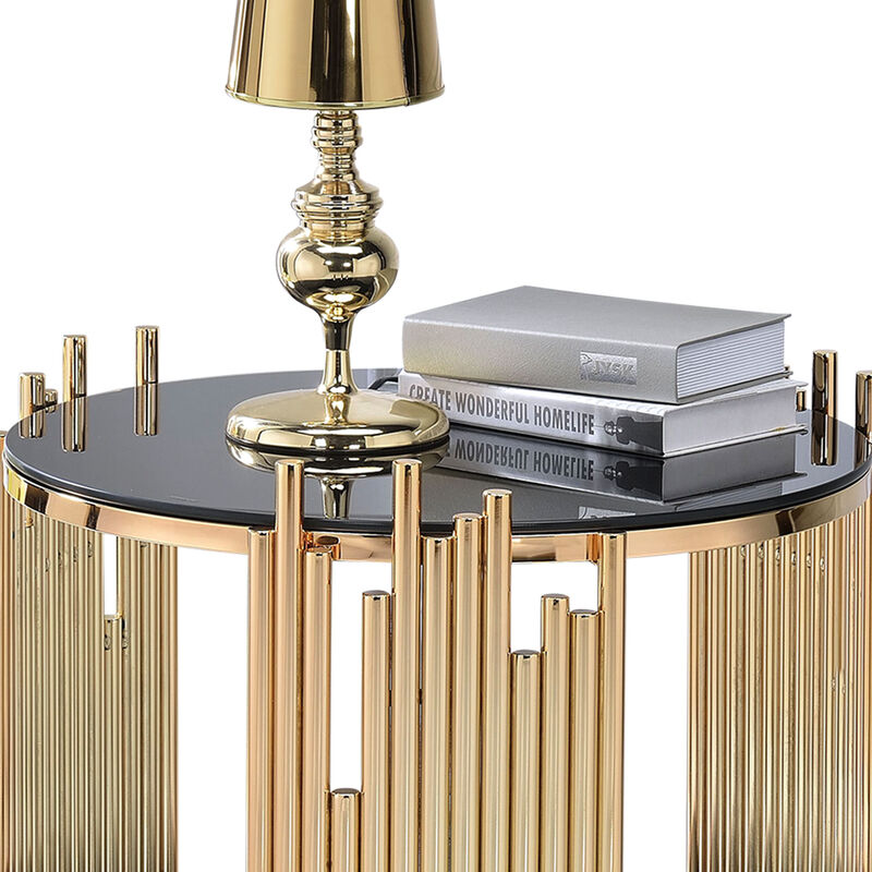 Modern Metal and Glass End Table with Tubing Design, Black and Gold-Benzara