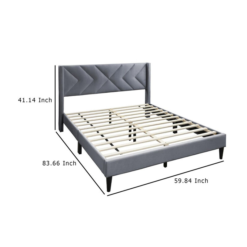 Reno Queen Size Bed, Modern X Channel Tufted Gray Velvet Upholstery - Benzara