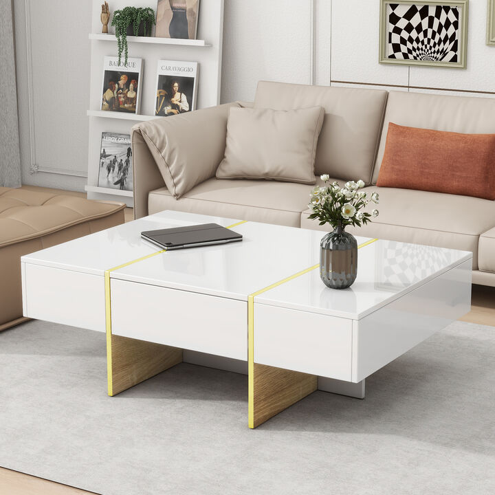 Clihome 47.2'' x 31.4''Minimalist High Gloss Coffee Table with 2 Drawers, Multi-Storage Rectangle Sofa Table with Golden Wood Grain Legs, Modern Center Table for Living Room