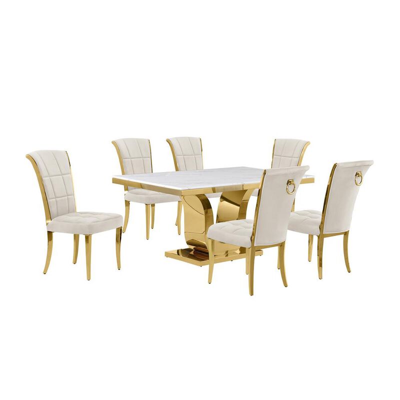 7pc Small(66") marble top dining set with gold base and 6 Cream side chairs image number 0
