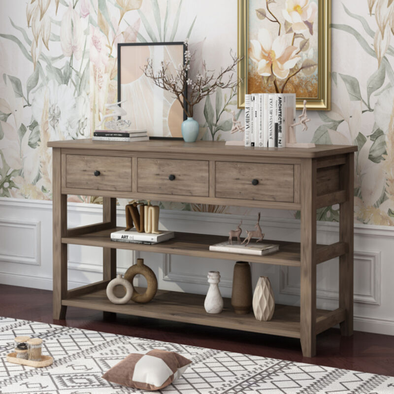 Entryway Console Table with Wood Frame, 3 Drawers, and 2 Open Shelves for Storage