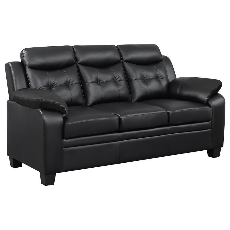 Finie 2 Piece Sofa and Loveseat Set, Black Faux Leather, Soft Foam