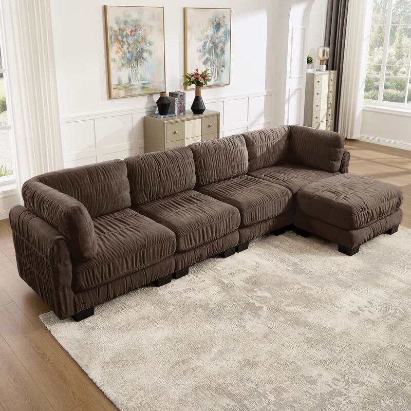 4 seat modular sectional sofa, Chenille L shaped sectional couch with ruched detailing, Modular sectional with movable ottoman image number 3
