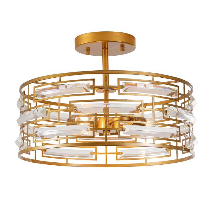 Ariel 3-Light Drum Shade Clear Glass Prism Flush Mount - Medium‑gloss Brushed Brass Finish