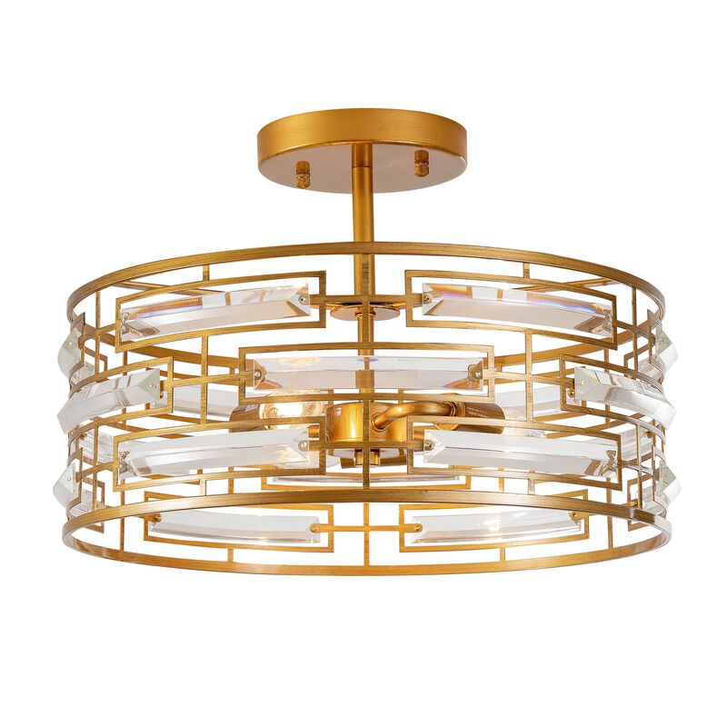 Ariel 3-Light Drum Shade Clear Glass Prism Flush Mount - Medium‑gloss Brushed Brass Finish image number 0