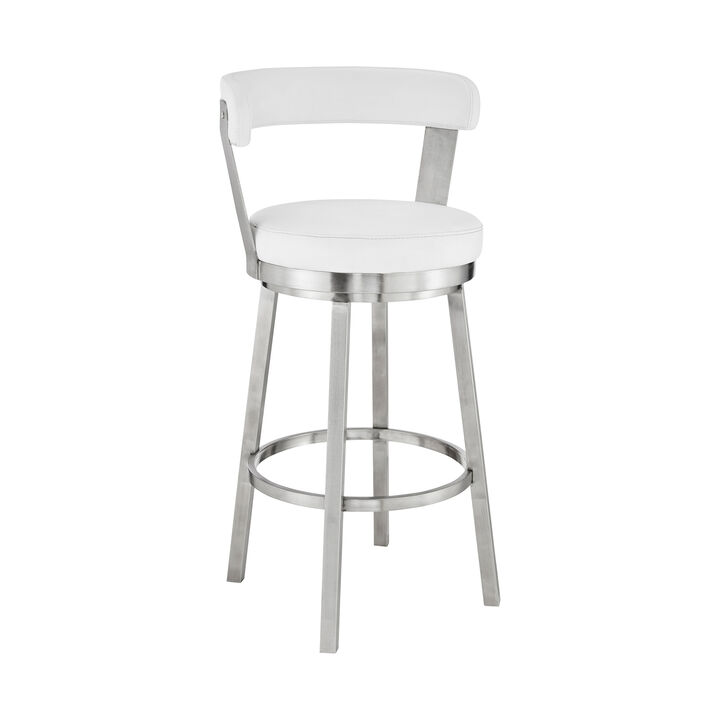 Kobe Bar Height Swivel Bar Stool in Brushed Stainless Steel Finish and White Faux Leather
