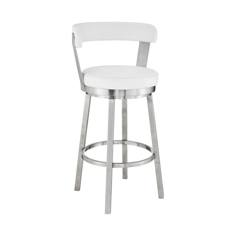 Kobe Bar Height Swivel Bar Stool in Brushed Stainless Steel Finish and White Faux Leather image number 0