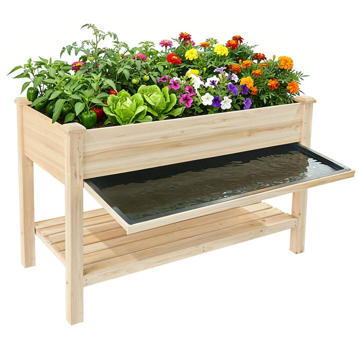 WOW PIONEER Elevated Solid Wood Raised Garden Bed with Water Collection Tray, Storage Shelf, Protective Liner