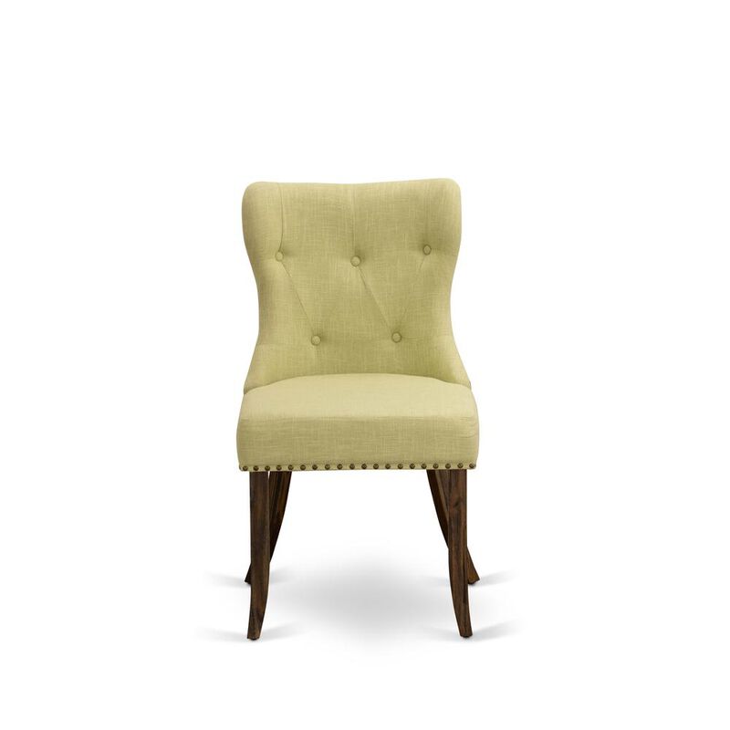 East West Furniture - Set of 2 - Parsons Chair- Upholstered Chair Includes Distressed Jacobean Wooden Structure with Limelight Linen Fabric Seat with Nail Head and Button Tufted Back