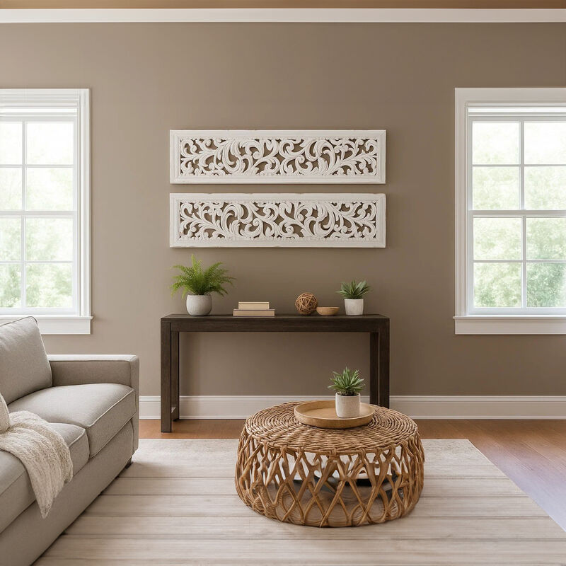 Ozy Carved Wall Art Panel Set of 2, Handcrafted Distressed White Mango Wood, 50 Inch Tall