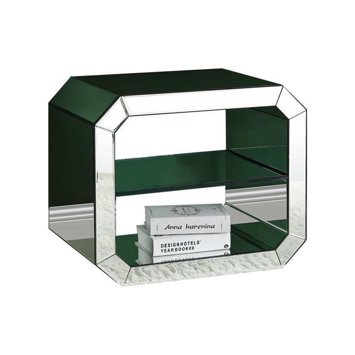 Accent Table with Mirrored Inserts and 1 Glass Shelf, Silver-Benzara