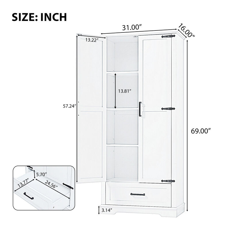 Whisen Tall White Bathroom Storage Cabinet with Black Handles, Double Doors, Drawer and Adjustable Shelf - White