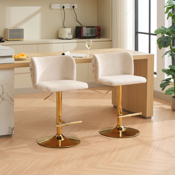 Clihome Swivel Barstools Adjusatble Seat Height With Gold-plating Base, Classic Velvet Upholstered Bar Stools with the whole Back Tufted, for Home