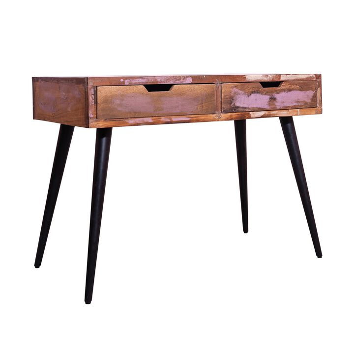 43 Inch 2 Drawer Reclaimed Wood Console Table, Angled Legs, Multi Tone Pastel Accent, Brown, Black-Benzara