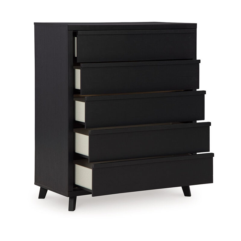 Danzi Tall Dresser Chest, 5 Storage Drawers, Modern Black Laminate - Benzara