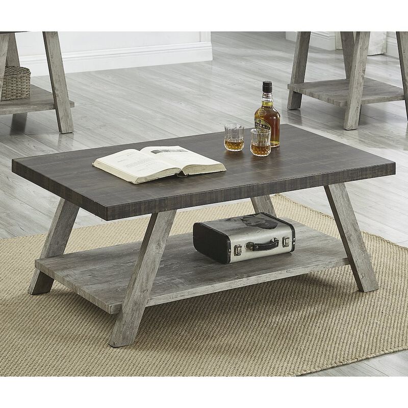 Roundhill Furniture Athens Contemporary 3Pc Wood Shelf Coffee Table Set in Weathered Walnut and Gray