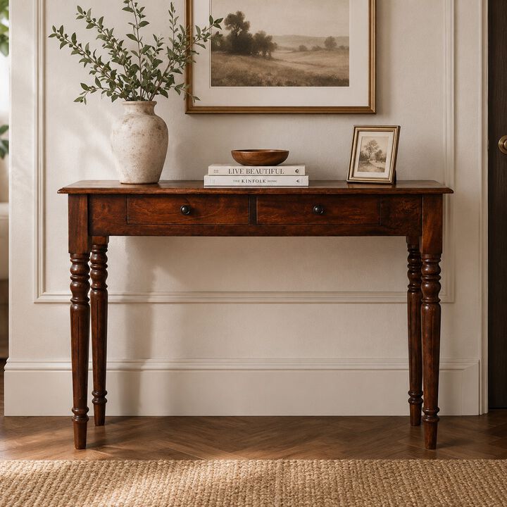 Artisan Furniture Solid Wood Heritage Turned-Leg Console Table, 2 Drawers, Brown