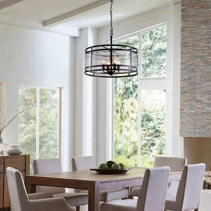 Bella 20" 4-light Water Textured Curved Glass Drum Round Chandelier - Black image number 2