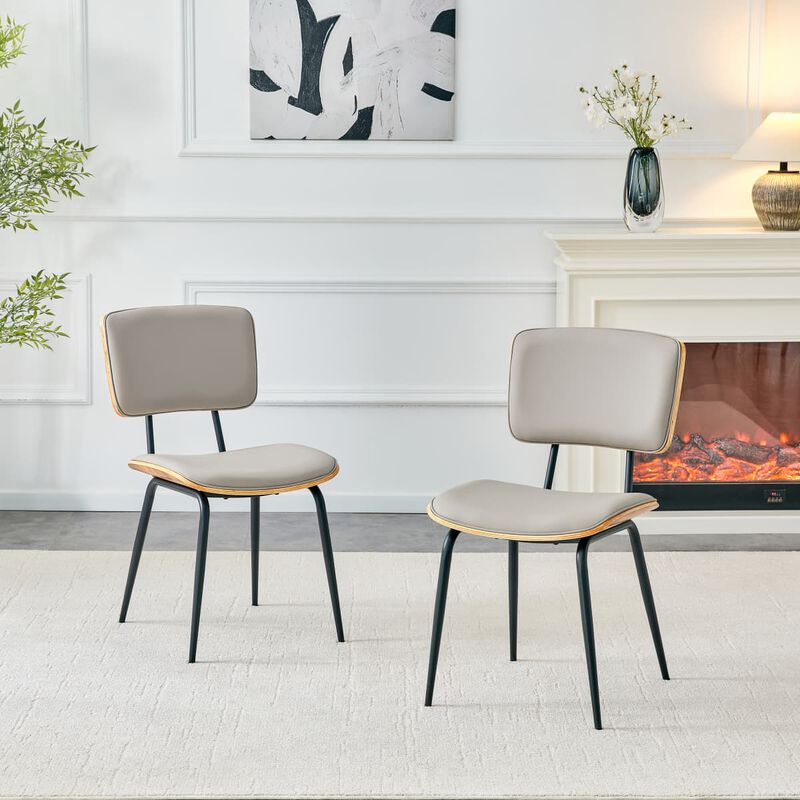 Set of 2 Dining Chairs Faux Leather Open Back Walnut Veneer Back Dining Chairs Metal Legs Leveling Feet image number 1