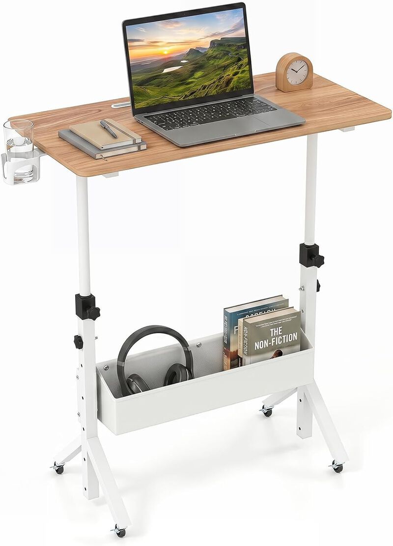 Mobile Rolling Standing Desk with Adjustable Height Cup Holder and Storage Basket image number 3