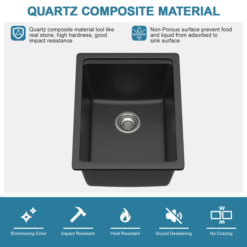 15 in. Undermount Single Bowl Workstation Black Quartz Composite Kitchen Sink Round Corner with Bottom Grid. image number 8