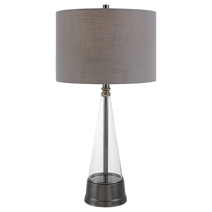 29 Inch Metal Table Lamp, Cone Shaped Glass Base, Silver, Gray-Benzara